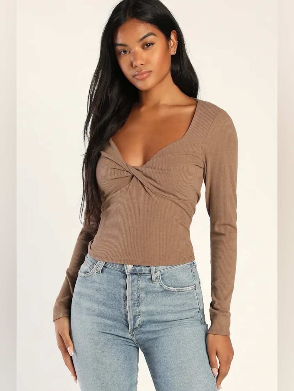 NWT Lulus Modern Image Brown Ribbed Long Sleeve Twist-Front Top Size XS